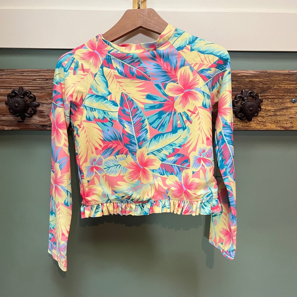 Kidpik Girls Tropical Floral Rash Guard Long Sleeve Ruffle Swim Top Size M 10